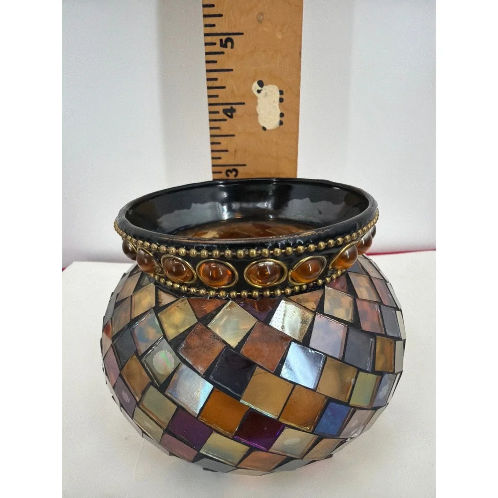 PartyLite Mosaic Glass Candle Holder Iridescent Amber Gold Beaded Trim Votive